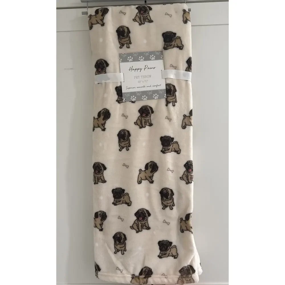 PUG “HUNGRY DOGS” 50x70” Plush Pet Throw Blanket Dog Blush Neutral Pugs NEW